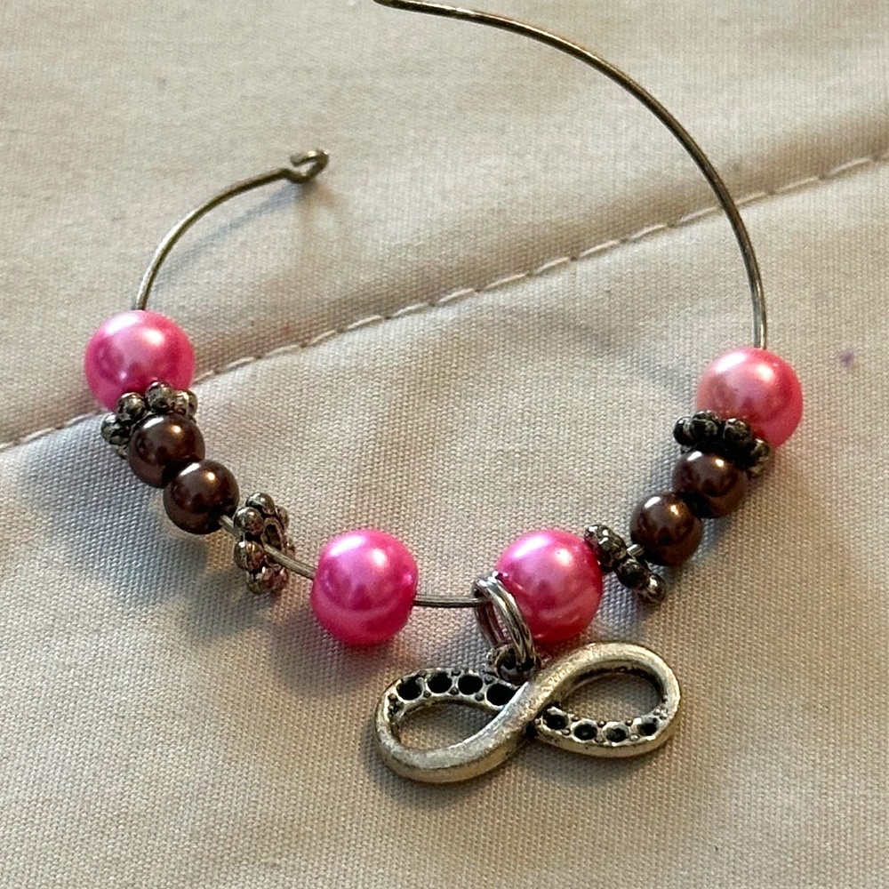 Wine glass tag stainless steel hoop, pink & mocha beads infinity charm